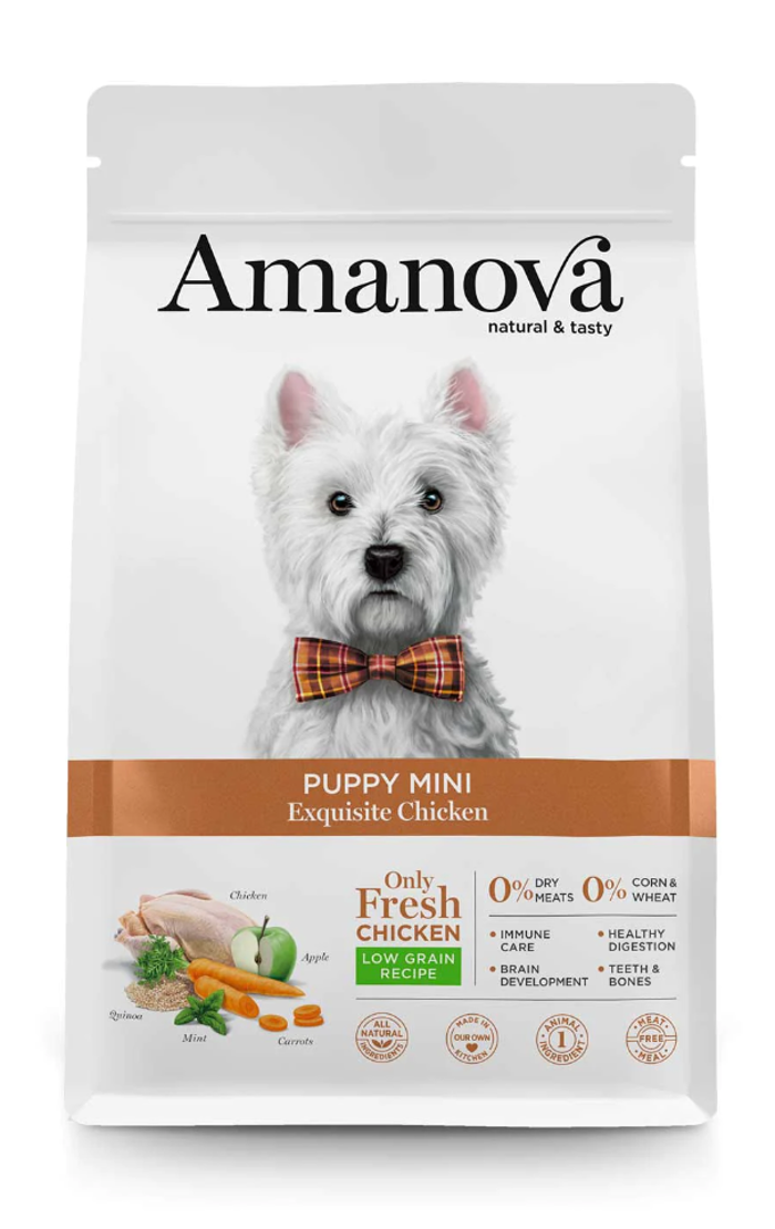 Amanova Puppy Mini Exquisite Chicken Low Grain Xira Trofi me Lig Sitira ga Koutabia Mikrosomon Fulon me Kotopoulo 2kg 